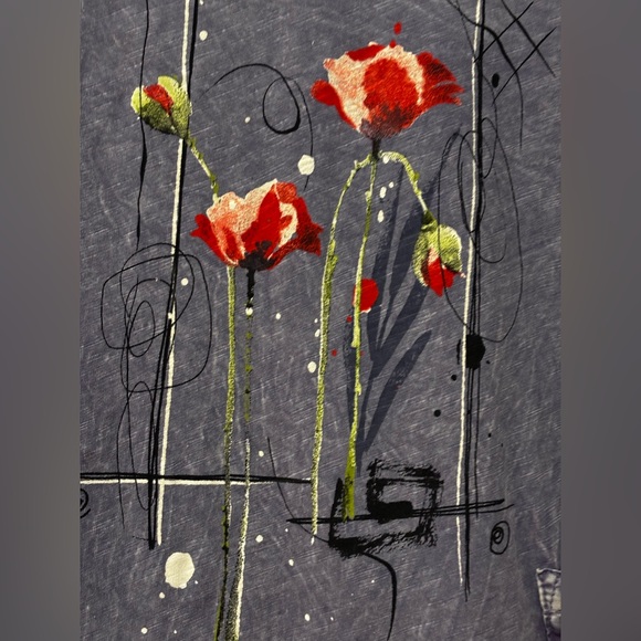 Jess & Jane Blue Gray Floral Art Top Small Cotton Raw Hem Pocket Boho USA - Picture 3 of 8